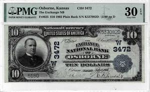 1902 $10 National Bank note'Plain Back'(Osborne,KS)CH#3472-PMG 30EPQ-Scarce 1of6 - Picture 1 of 6