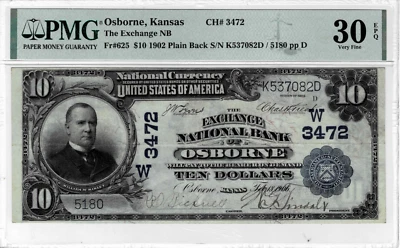1902 $10 National Bank note'Plain Back'(Osborne,KS)CH#3472-PMG 30EPQ-Scarce 1of6 - Image 1 of 4