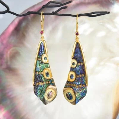 Dragonfly Wing Earrings Abalone Carving Gold Vermeil Sterling Silver Ruby 5.91 g - Image 1 of 4