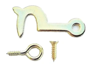 BRASS SIDE HOOK & SCREW EYE 32mm Pack of 4 Picture Frame Jewellery Box Clasp - Picture 1 of 4