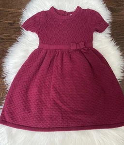 Janie and Jack Girls 5 Rose Terrace Short Sleeve Sweater Dress Maroon Burgundy - Picture 1 of 9