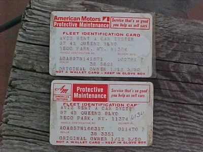 Tarjetas de plástico de mantenimiento de identificación de flota AVIS AMC Ambassador 1970 (2) GC raras Foto 1 de 4
