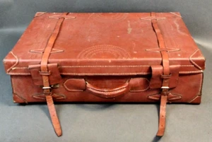 Leather Suitcase Hand Tooled - Leather Straps, Lined, Vintage - No Keys AM/JE - Picture 1 of 16