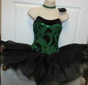 Ballet Costume Glittered Black slinky Kelly Green  Short Ch/Ladies clearstraps - Picture 1 of 12