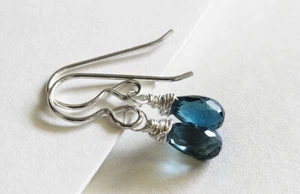 925 Sterling Silver Blue Quartz Stone Handmade dainty delicate Baby Drop Earring - Picture 1 of 5