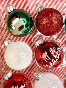 12 TIS THE SEASON  GLASS BALL ORNAMENTS FROSTED GLITTER CUTE REINDEER RED WHITE - Picture 1 of 10