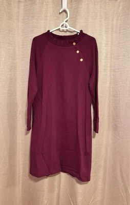 NWT Talbots Women’s Size L Plum Cotton Ruffled Collar Long Sleeve Sheath Dress - Image 1 of 4
