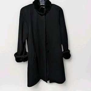 Vintage Albert Nipon Long Black 100% Wool Shell Black Faux Fur Coat Sz M - Picture 1 of 6