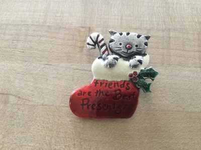 Cat Pin Brooch Christmas Stocking Candy Cane Vintage Holiday Accessory  AJMC - Image 1 of 4