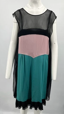 Prada 2015 шелковая смесь цвет блока плиссированные кромки Shift платье с кружевной отделкой скольжения sz44 - Изображение 1 из 4