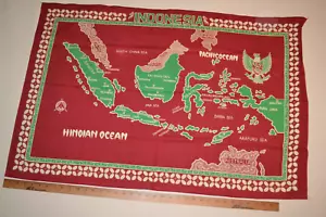 Cotton batik fabric panel, 39" x 26", map of Indonesia - red & green - Picture 1 of 6