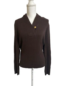 NEW Lauren Ralph Lauren Women's XL Brown Ribbed V-Neck Sweater Gold Button - Picture 1 of 5