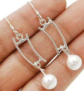 Natural Fresh Water Pearl 925 Solid Sterling Silver Earrings 1 1/2" Long @12-8 - Picture 1 of 1