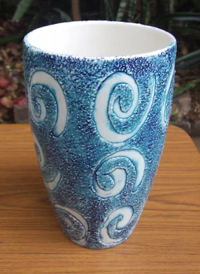 Retro Australian  Studio Pottery Vase Blue & White  Scrolls 23cm Tall 1980-90s - Image 1 of 4