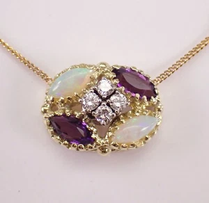 Collar y cadena vintage de diamantes de ópalo y amatista de oro amarillo de 14K - Imagen 1 de 8
