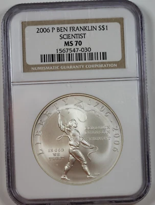 2006-P Ben Franklin Scientist Commemorative Silver Dollar : NGC MS70 - Image 1 of 4