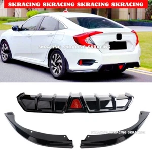 Glossy Black Rear Bumper Diffuser Lip +LED For 2016-2021 Honda Civic 4Dr Sedan - Picture 1 of 11