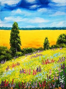 Original Art Landscape Yellow Blue Acrylic Small Painting Canvas Ukraine Artist