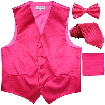 New Men's stripes Tuxedo Vest Waistcoat & necktie & Bow tie & Hankie hot pink - Image 1 of 4