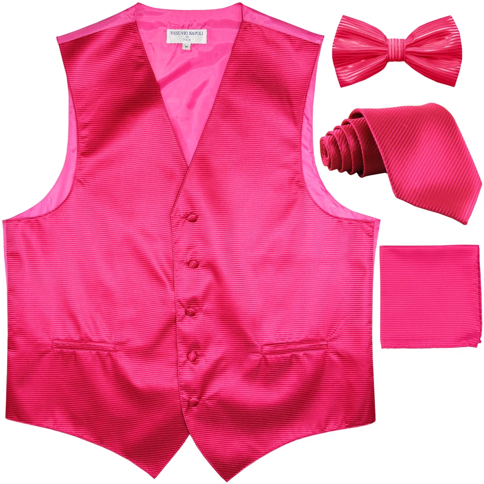 New Men's stripes Tuxedo Vest Waistcoat & necktie & Bow tie & Hankie hot pink - Image 1 of 4