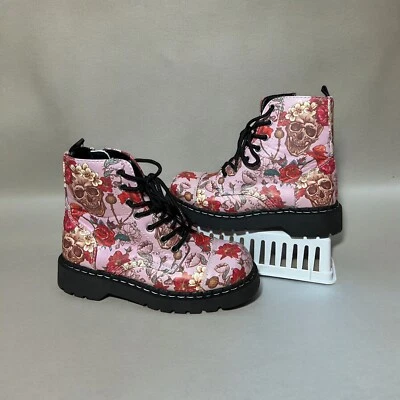 TUK Anarchic Pink Skull & Roses Combat Boots; Size 7 - Image 1 of 4