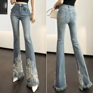 Ladies Tassel High Waist Denim Pants Bell Bottom Flares Trousers Beads Jeans Bar - Picture 1 of 11