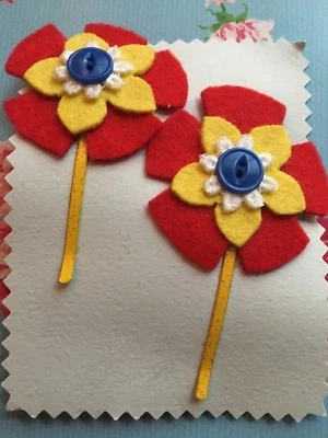 Set 2 Large Bobby Pins~Handcrafted Felt flowers~Yellow & red w/vintage buttons - Image 1 of 3