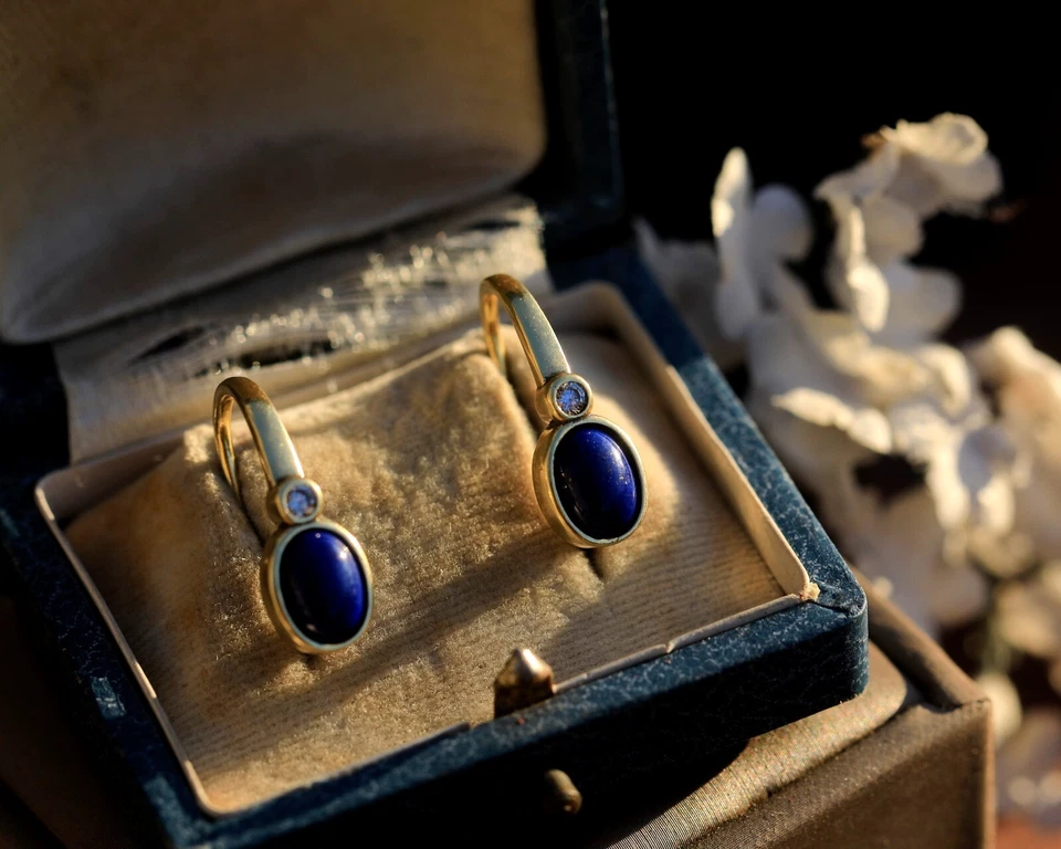 Boucles d'oreilles Dormeuse Doré Art Deco Serti CZ Ovale Lapis Lazuli Bleu SA3