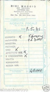 CONTO RICEVUTA FISCALE TRATTORIA LANTERNA BLU RISI MAGGIO SAN LAZZARO BOLOG 1981 - Picture 1 of 1