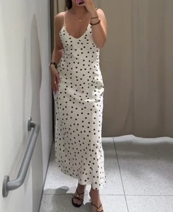 ZARA BNWT 2025. ECRU BROWN POLKA DOT SATIN MIDI DRESS STRAPS. 3067/214/086 - Picture 1 of 8