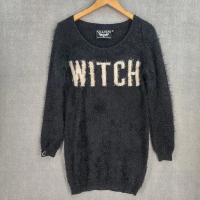Killstar Pullover Damen Medium schwarz Hexe flauschige Wimpern Strick Tunika U-Ausschnitt - Bild 1 von 4