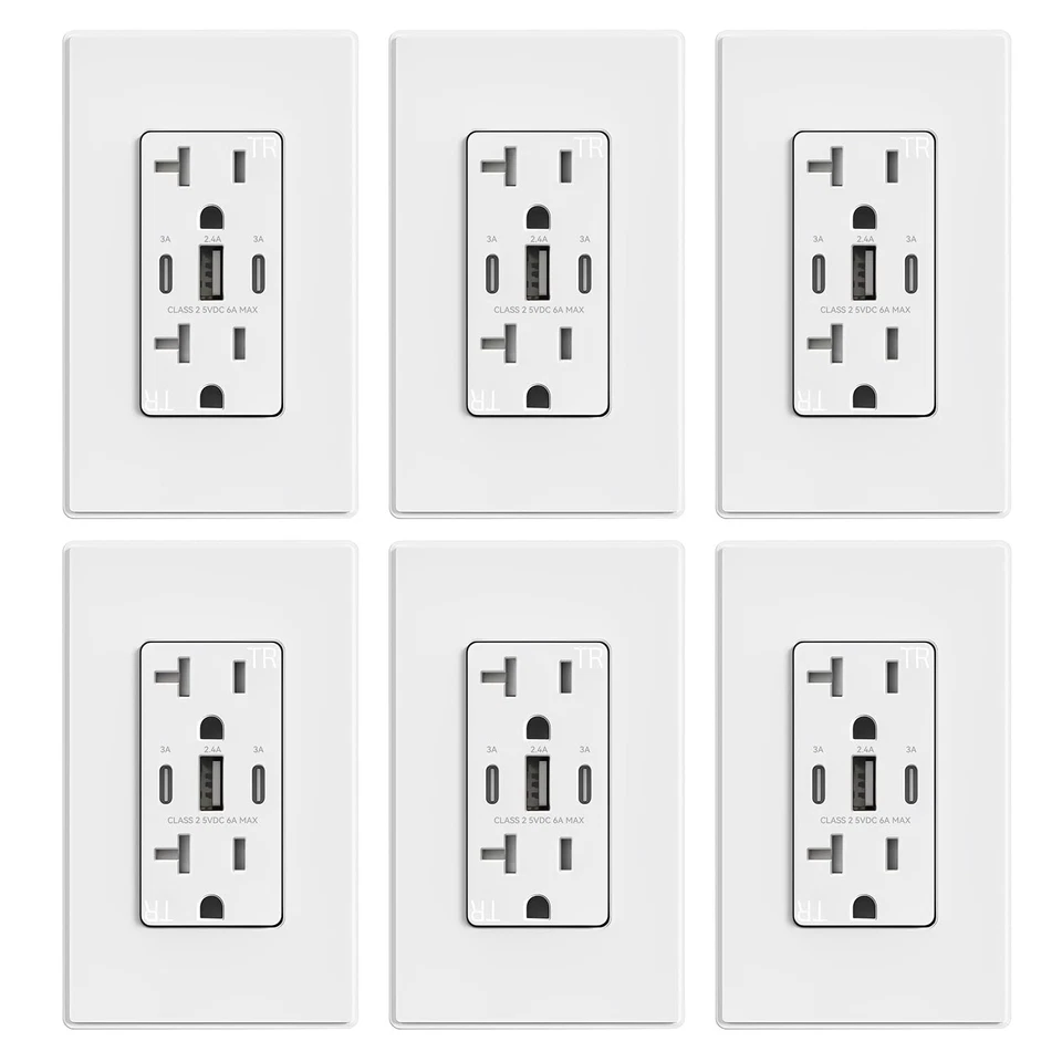 USB Outlets, 30W 6.0 Amp USB C Outlets Receptacles, 3-Port USB Wall Outlet, 2... - Image 1 of 4