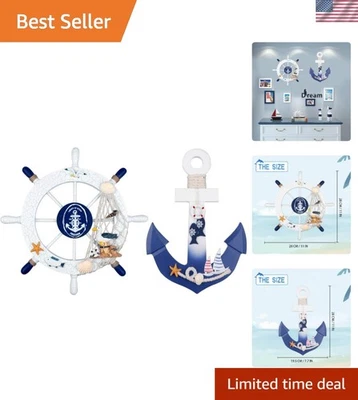 Pack de 2 náuticos artesanales - Rueda de barco de madera de 11" y ancla para casas costeras Foto 1 de 4
