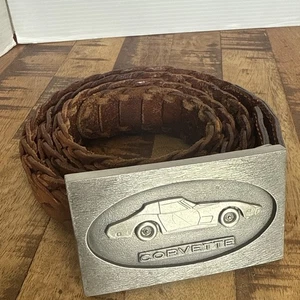 Vintage Pewter Corvette Belt Buckle w/ 38” Braided Leather Belt - Picture 1 of 5