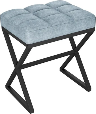 Blue Grey Linen Vanity Stool with X-Shaped Metal Legs Footrest Bench 40x30x46cm - Image 1 of 4