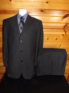 Kenneth Cole New York 44R W38 L29 Gray Pinstriped Three Button Closure Wool Suit - Picture 1 of 9