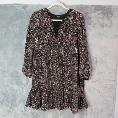 MADEWELL Dress Womens 8 Black Pink Blue Silk Boho Tassel Ruffle Hem Lined - Image 1 of 4