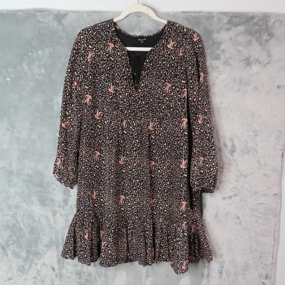 Vestido MADEWELL Mujer 8 Negro Rosa Azul Seda Boho Borla Volantes Dobladillo Forrado Foto 1 de 4