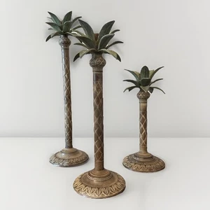 BRASS CANDLE HOLDERS TROPICAL PALM TREE BEACH DECOR SET OF 3 - Picture 1 of 10