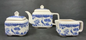 WADE ~ Teapot, Sugar Bowl and Milk Jug Set ~ White with Blue Pattern - Picture 1 of 21