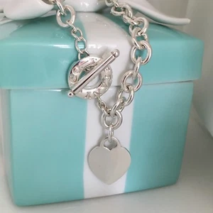 16.5" Tiffany & Co Silver Engravable Blank Heart Tag Toggle Necklace Authentic - Picture 1 of 10