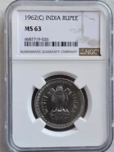 India 1 Rupee 1962C NGC MS 63 - Picture 1 of 2