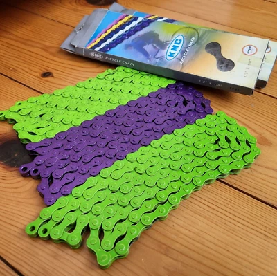 Three (3) Genuine KMC Z410 Bicycle Chains,Green/Purple,Missing Master Links, New - Image 1 of 4