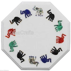 Elephant Pattern Inlay Work Corner Table for Bar White Marble Coffee Table Top - Picture 1 of 4