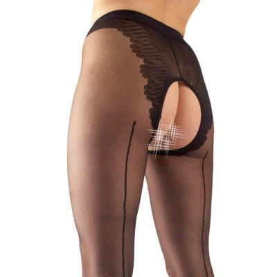 Sexy Strumpfhose XS S M L mit Naht Schritt offen Nylons Damen Dessous "Oriy" - Bild 1 von 3