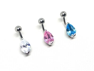316L Clear Tear Drop CZ Crystal Navel Bar Belly Button Bar Surgical Steel-UK - Image 1 of 4