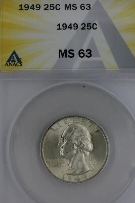 1949  .25  ANACS  MS 63   Washington Quarter, Silver 25 Cents (.25) - Image 1 of 2