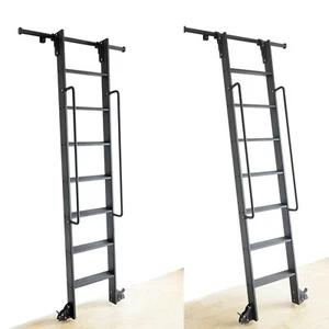 Black Metal Sliding Library Durable Attic Rolling Step Ladder With Handrails - Picture 1 of 5