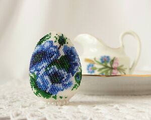 Dekoracyjne jajko wielkanocne Koraliki Kwiat Dekoracja wielkanocna Biały Niebieski Wielkanocny stół dekoracja