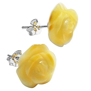 925 Solid Sterling Silver Butterscotch Baltic Amber Designer Rose Stud Earrings - Picture 1 of 12